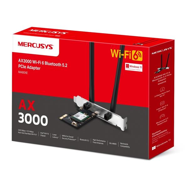 AX3000 Dual-Band Wi-Fi 6 Bluetooth PCI Express Adapter SPEED: 2402 Mbps at 5 GHz + 574 Mbps at 2.4 GHz SPEC: 2× High Gai 