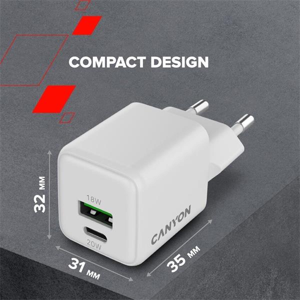 Canyon CU20AC vysokorýchlostná univerzálna nabíjačka do steny 1x USB-C 20W, 1x USB-A 18W 