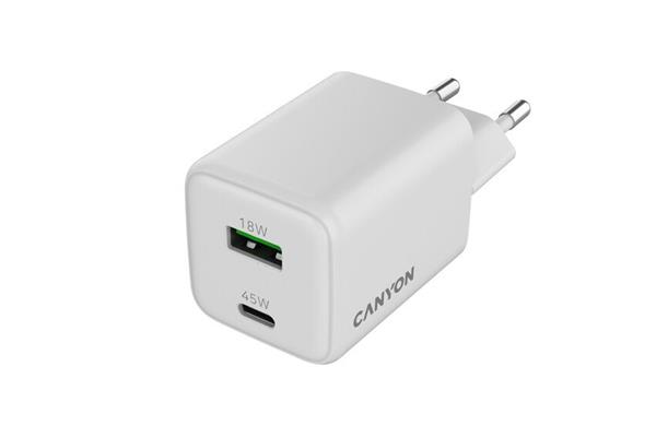 Canyon CU45AC vysokorýchlostná univerzálna nabíjačka do steny 1x USB-C 45W, 1x USB-A 18W 