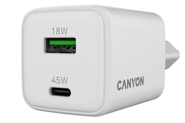 Canyon CU45AC vysokorýchlostná univerzálna nabíjačka do steny 1x USB-C 45W, 1x USB-A 18W 