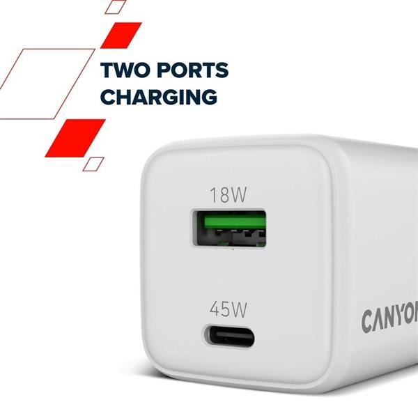 Canyon CU45AC vysokorýchlostná univerzálna nabíjačka do steny 1x USB-C 45W, 1x USB-A 18W 