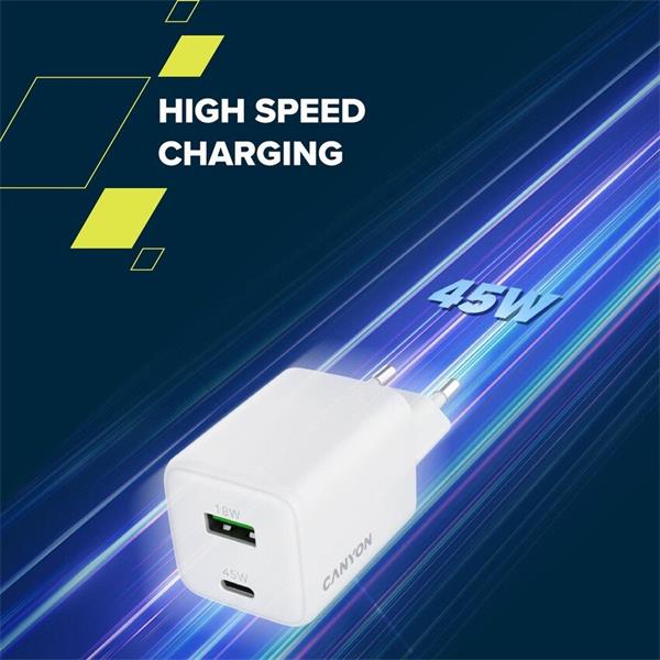 Canyon CU45AC vysokorýchlostná univerzálna nabíjačka do steny 1x USB-C 45W, 1x USB-A 18W 