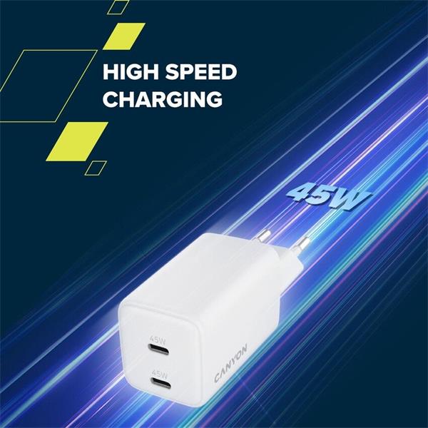 Canyon CU45CC vysokorýchlostná univerzálna nabíjačka do steny 2x USB-C 45W 