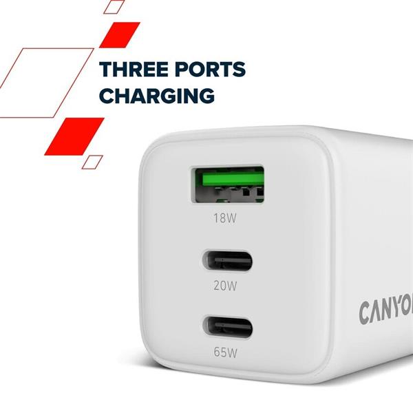 Canyon CU65ACC vysokorýchlostná univerzálna nabíjačka do steny 1x USB-C 65W, 1x USB-C 20W, 1x USB-A 18W 