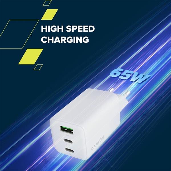 Canyon CU65ACC vysokorýchlostná univerzálna nabíjačka do steny 1x USB-C 65W, 1x USB-C 20W, 1x USB-A 18W 