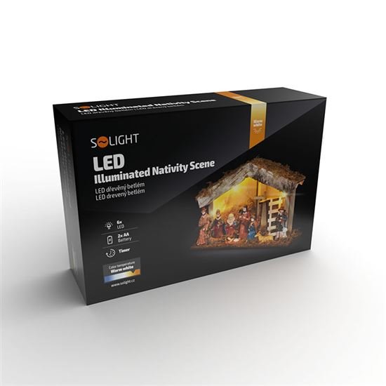 Solight LED drevený betlehem podsvietený, 26x17cm, 6x LED, 2x AA 