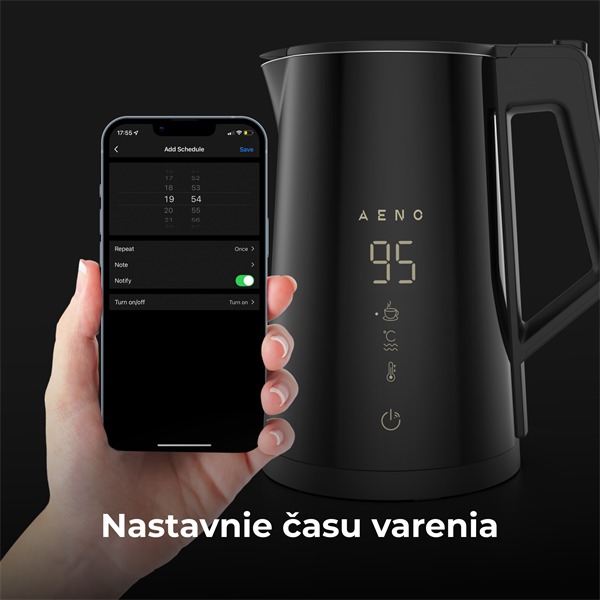 AENO Rychlovarná smart kanvica EK7S - 1850-2200W,1,7 l,Strix,dvojité steny,regulácia teploty,WiFi, LEDdisplej,auto vyp 