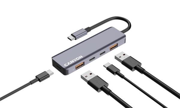 Canyon DS-18, USB-C Hub, 5 portov, 1x USB-C 5V DC nabíjanie, 2x USB-C, 10Gbps, 2xUSB 3.2 port, kompaktný 