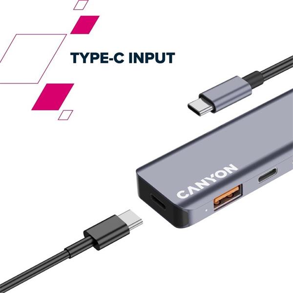 Canyon DS-18, USB-C Hub, 5 portov, 1x USB-C 5V DC nabíjanie, 2x USB-C, 10Gbps, 2xUSB 3.2 port, kompaktný 