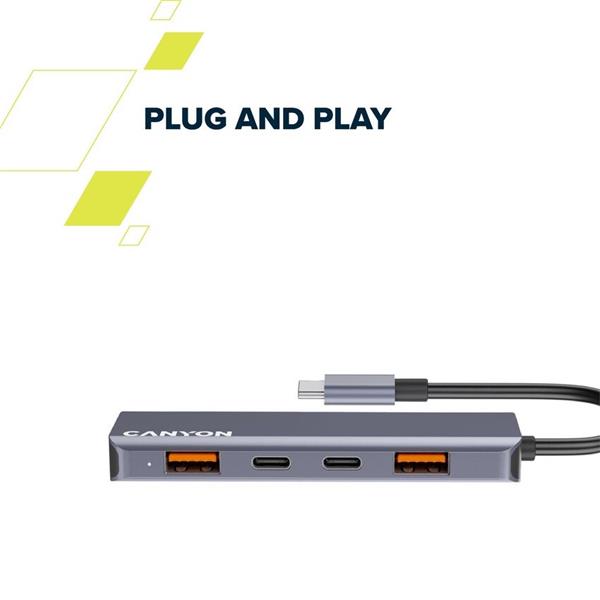 Canyon DS-18, USB-C Hub, 5 portov, 1x USB-C 5V DC nabíjanie, 2x USB-C, 10Gbps, 2xUSB 3.2 port, kompaktný 