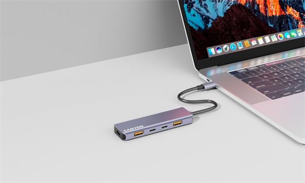 Canyon DS-18, USB-C Hub, 5 portov, 1x USB-C 5V DC nabíjanie, 2x USB-C, 10Gbps, 2xUSB 3.2 port, kompaktný 