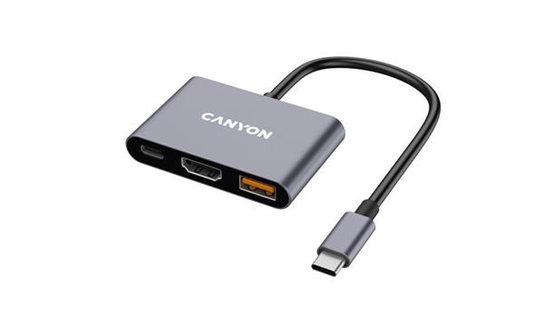 Canyon DS-4, USB-C HUB, 3 porty. 1xUSB-C, 1xUSB 3.2, 1xHDMI, 4K display support, 100W fast charging, 10Gbps 