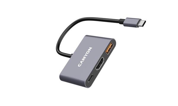 Canyon DS-4, USB-C HUB, 3 porty. 1xUSB-C, 1xUSB 3.2, 1xHDMI, 4K display support, 100W fast charging, 10Gbps 