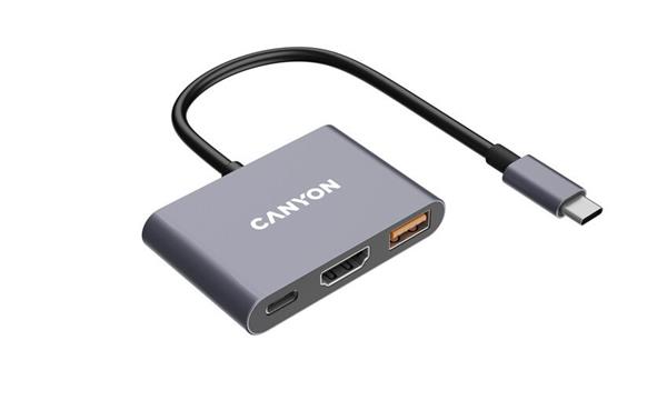 Canyon DS-4, USB-C HUB, 3 porty. 1xUSB-C, 1xUSB 3.2, 1xHDMI, 4K display support, 100W fast charging, 10Gbps 