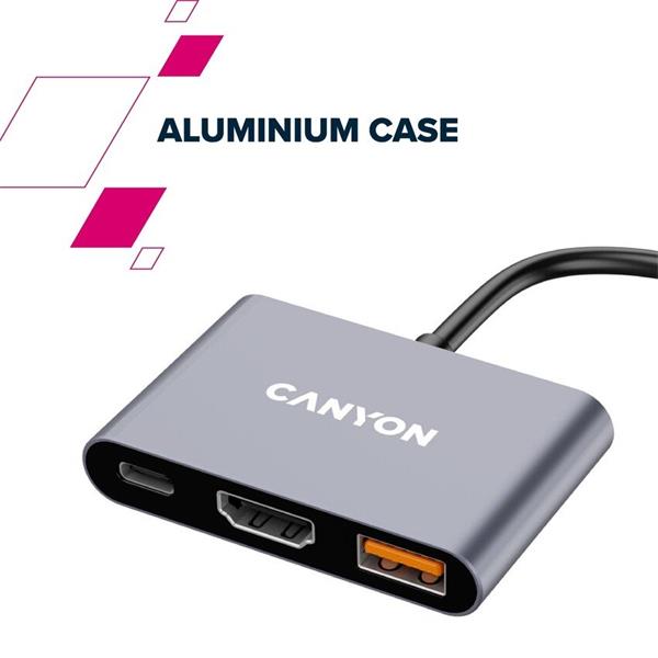 Canyon DS-4, USB-C HUB, 3 porty. 1xUSB-C, 1xUSB 3.2, 1xHDMI, 4K display support, 100W fast charging, 10Gbps 