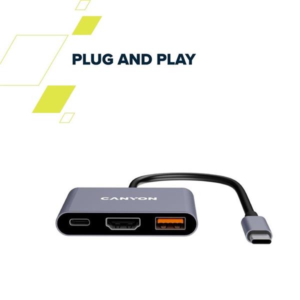 Canyon DS-4, USB-C HUB, 3 porty. 1xUSB-C, 1xUSB 3.2, 1xHDMI, 4K display support, 100W fast charging, 10Gbps 