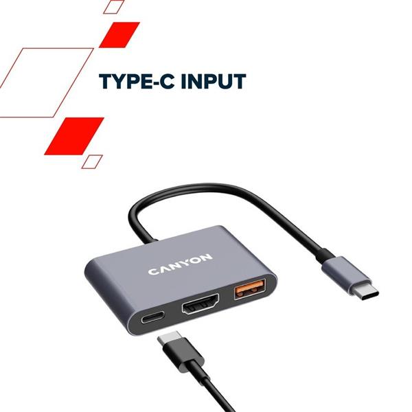 Canyon DS-4, USB-C HUB, 3 porty. 1xUSB-C, 1xUSB 3.2, 1xHDMI, 4K display support, 100W fast charging, 10Gbps 