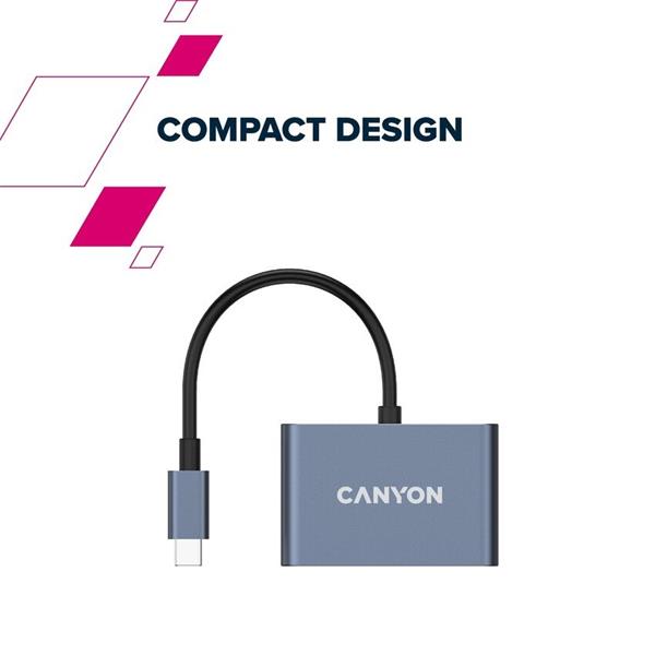 Canyon DS-4, USB-C HUB, 3 porty. 1xUSB-C, 1xUSB 3.2, 1xHDMI, 4K display support, 100W fast charging, 10Gbps 