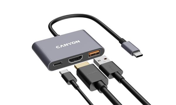 Canyon DS-4, USB-C HUB, 3 porty. 1xUSB-C, 1xUSB 3.2, 1xHDMI, 4K display support, 100W fast charging, 10Gbps 