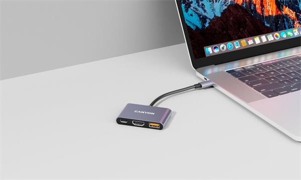 Canyon DS-4, USB-C HUB, 3 porty. 1xUSB-C, 1xUSB 3.2, 1xHDMI, 4K display support, 100W fast charging, 10Gbps 