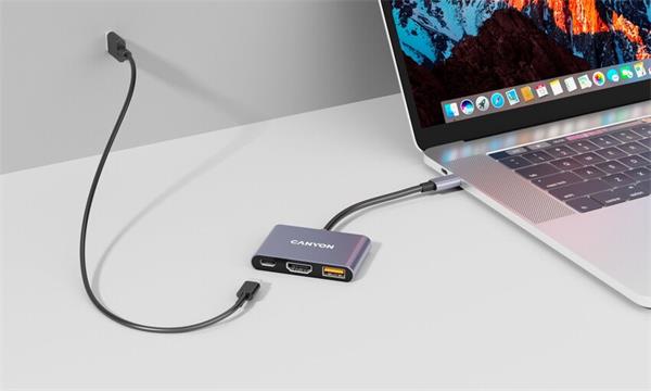 Canyon DS-4, USB-C HUB, 3 porty. 1xUSB-C, 1xUSB 3.2, 1xHDMI, 4K display support, 100W fast charging, 10Gbps 