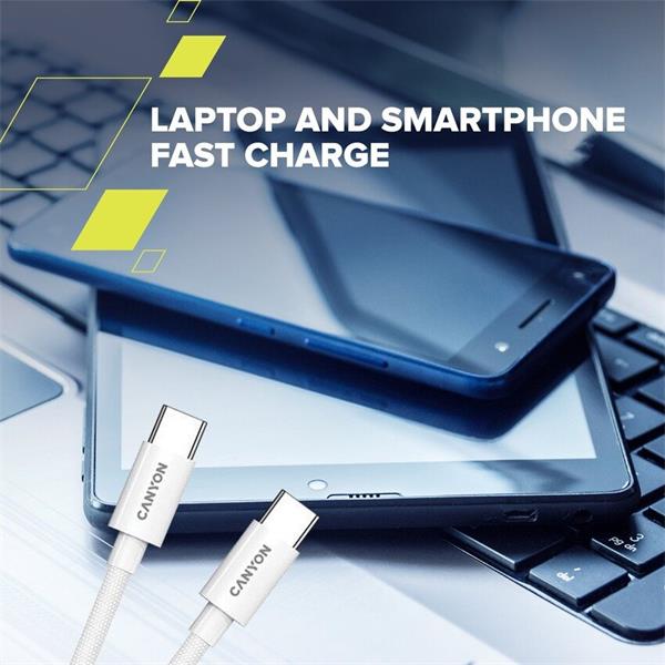 Canyon CC100AB, 2 m kábel, USB-C / USB-C, PD 100 W, 480 Mbps, biely 