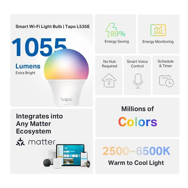 TP-LINK "Smart Light Bulb, Multicolor,MatterSPEC: A60 bulb, E27 base, 220~240V, 50/60 Hz, 8.6W, 16 Million Colors, 2500 