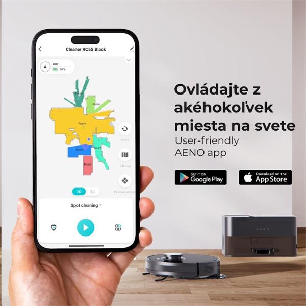 AENO Robotický vysavač RC5S, 2v1 mokré a suché cistenie,180 min,rotovacie mopy,LIDAR, AENO App,HEPA,základna, čierny 