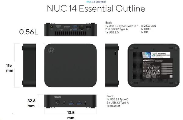 ASUS NUC 14 Essential N150 Processor, 1xDDR5, M.2 SSD, WiFi+BT, HDMI, DP, USB-C/DP, 2.5G LAN 