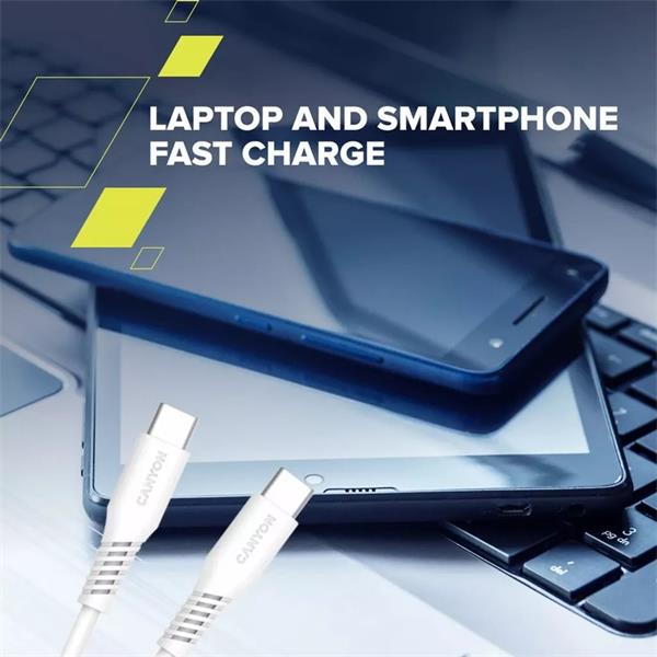 Canyon CC100SC20, 2 m kábel, USB-C / USB-C, PD 100 W, 20 GB/s, biely 
