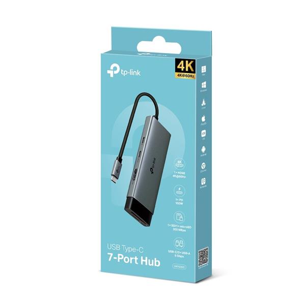 USB Type-C 7-Port Hub SPEC: 1 × USB-C Connector,1 × HDMI 4K 60Hz Port,1 × USB-C PD 100W Port,1 × SD + 1 × microSD(TF) up 