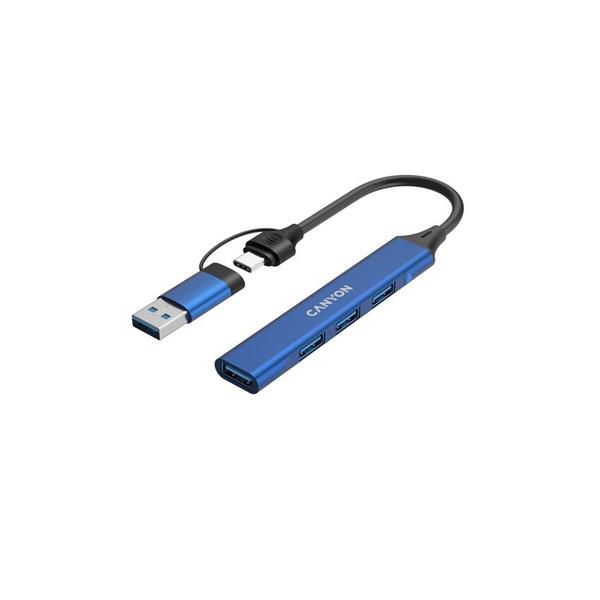 Canyon DS-02, USB-C Hub, 4 porty, 3xUSB 2.0 480Mbps, 1xUSB 3.0, 5Gbps, USB-C/USB-A adaptér, modrá 
