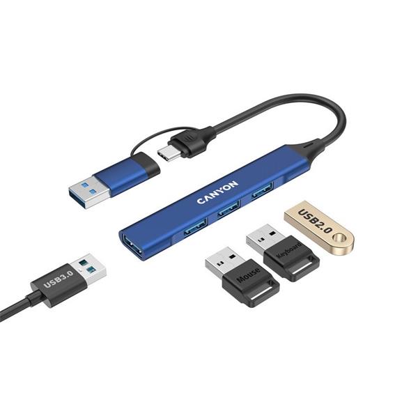 Canyon DS-02, USB-C Hub, 4 porty, 3xUSB 2.0 480Mbps, 1xUSB 3.0, 5Gbps, USB-C/USB-A adaptér, modrá 
