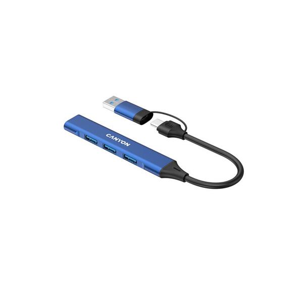 Canyon DS-02, USB-C Hub, 4 porty, 3xUSB 2.0 480Mbps, 1xUSB 3.0, 5Gbps, USB-C/USB-A adaptér, modrá 