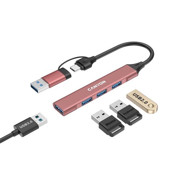 Canyon DS-02, USB-C Hub, 4 porty, 3xUSB 2.0 480Mbps, 1xUSB 3.0, 5Gbps, USB-C/USB-A adaptér, ružová 