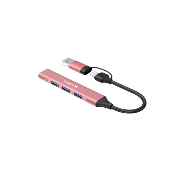 Canyon DS-02, USB-C Hub, 4 porty, 3xUSB 2.0 480Mbps, 1xUSB 3.0, 5Gbps, USB-C/USB-A adaptér, ružová 