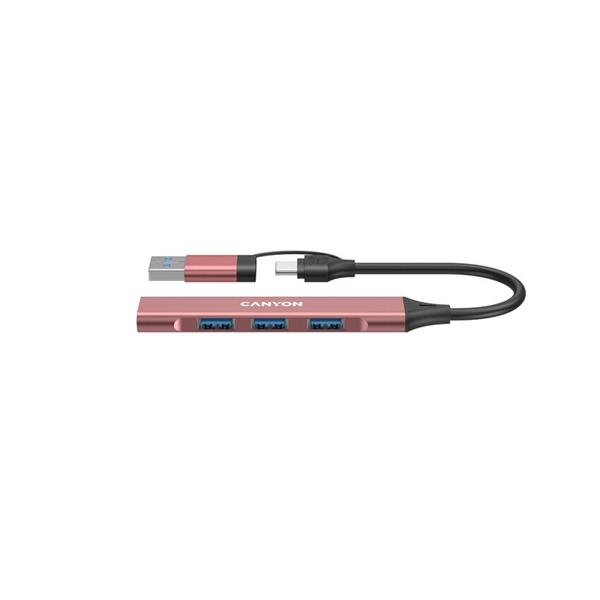Canyon DS-02, USB-C Hub, 4 porty, 3xUSB 2.0 480Mbps, 1xUSB 3.0, 5Gbps, USB-C/USB-A adaptér, ružová 