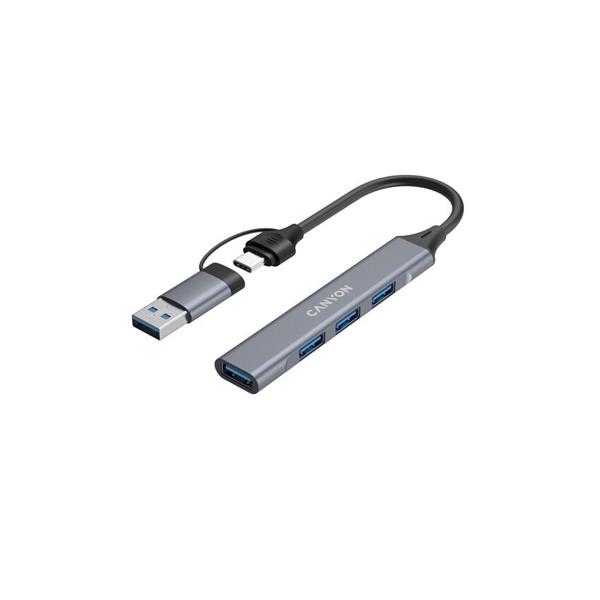 Canyon DS-02, USB-C Hub, 4 porty, 3xUSB 2.0 480Mbps, 1xUSB 3.0, 5Gbps, USB-C/USB-A adaptér, šedá 