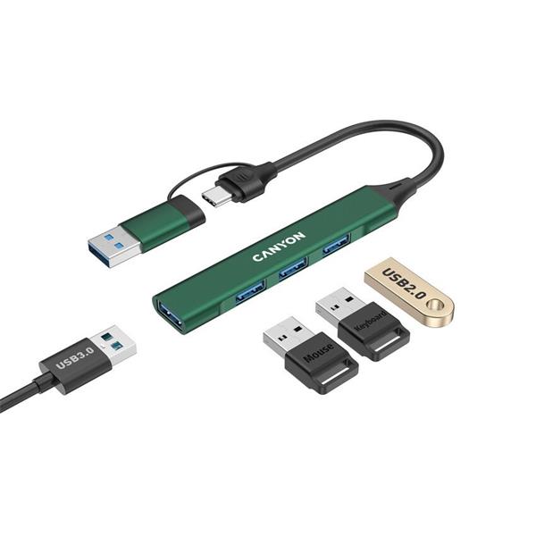 Canyon DS-02, USB-C Hub, 4 porty, 3xUSB 2.0 480Mbps, 1xUSB 3.0, 5Gbps, USB-C/USB-A adaptér, zelená 