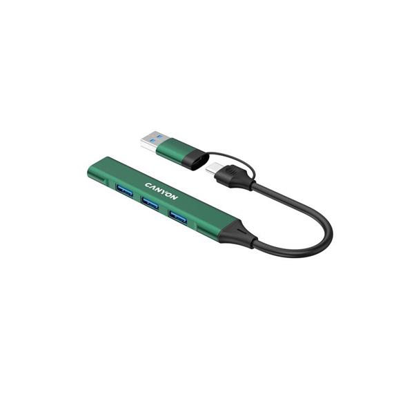 Canyon DS-02, USB-C Hub, 4 porty, 3xUSB 2.0 480Mbps, 1xUSB 3.0, 5Gbps, USB-C/USB-A adaptér, zelená 