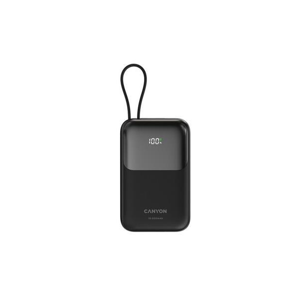 Canyon OnPower 101, Powerbank, 10.000 mAh, displej, in: USB-C, out: USB-A, QC 3.0/USB-C, PD 22,5W, integ. káb.. 