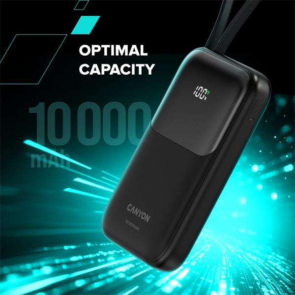 Canyon OnPower 101, Powerbank, 10.000 mAh, displej, in: USB-C, out: USB-A, QC 3.0/USB-C, PD 22,5W, integ. káb.. 