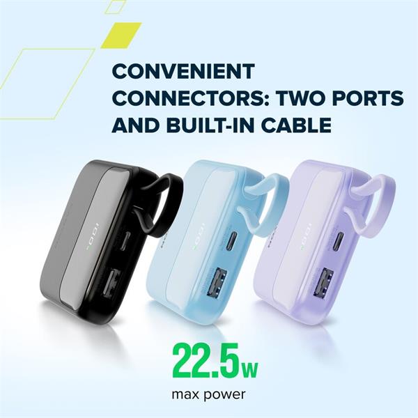 Canyon OnPower 101, Powerbank, 10.000 mAh, displej, in: USB-C, out: USB-A, QC 3.0/USB-C, PD 22,5W, integ. káb.. 