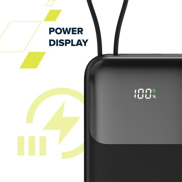 Canyon OnPower 101, Powerbank, 10.000 mAh, displej, in: USB-C, out: USB-A, QC 3.0/USB-C, PD 22,5W, integ. káb.. 