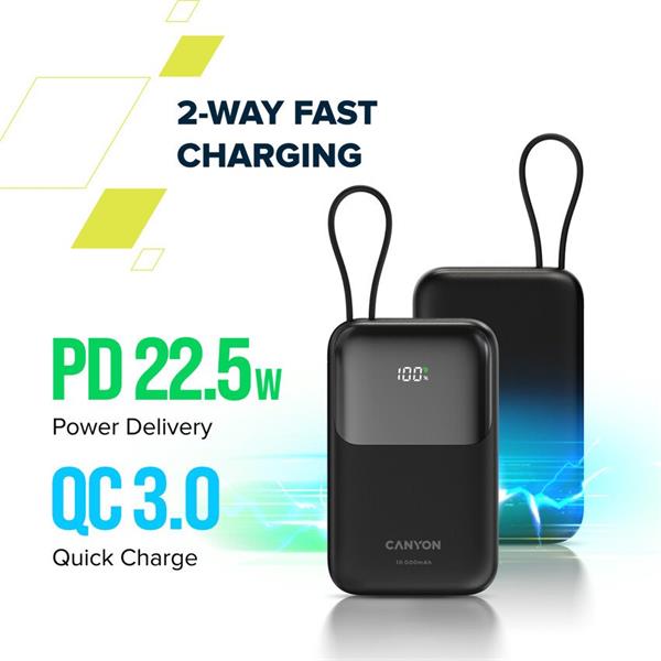 Canyon OnPower 101, Powerbank, 10.000 mAh, displej, in: USB-C, out: USB-A, QC 3.0/USB-C, PD 22,5W, integ. káb.. 