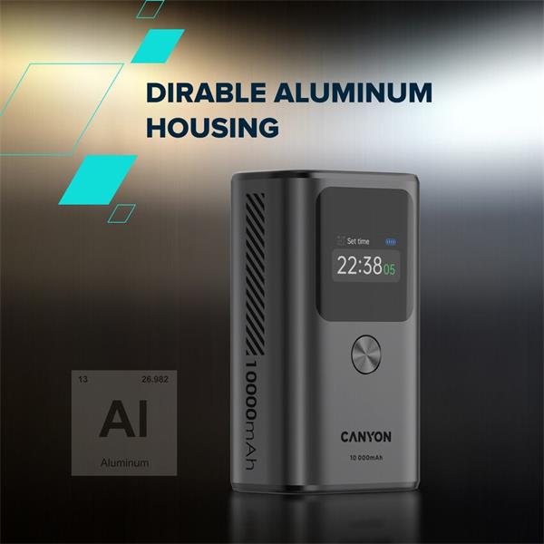 Canyon OnPower 130, Powerbank, 10.000 mAh, displej, in: USB-C, out: 2x USB-C /USB-A, 30W, hodiny/budík/teplomer 
