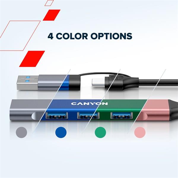 Canyon DS-02, USB-C Hub, 4 porty, 3xUSB 2.0 480Mbps, 1xUSB 3.0, 5Gbps, USB-C/USB-A adaptér, ružová 