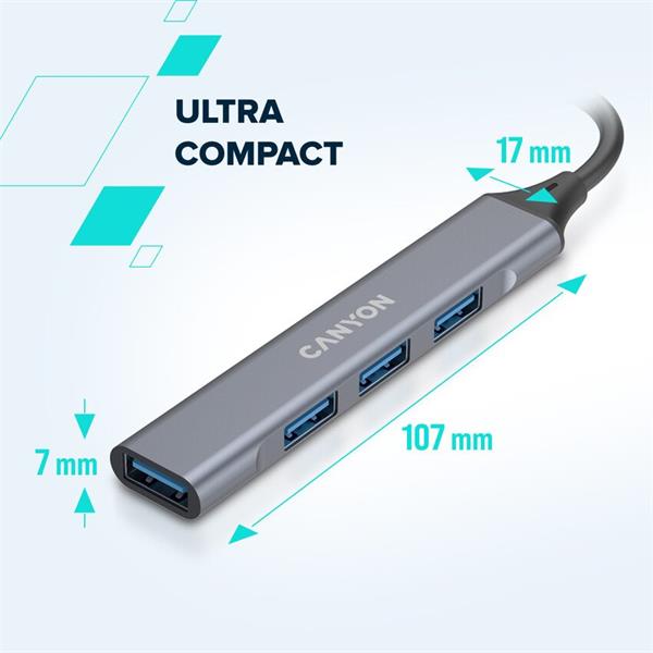 Canyon DS-02, USB-C Hub, 4 porty, 3xUSB 2.0 480Mbps, 1xUSB 3.0, 5Gbps, USB-C/USB-A adaptér, zelená 