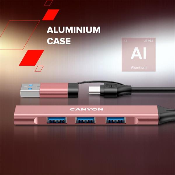 Canyon DS-02, USB-C Hub, 4 porty, 3xUSB 2.0 480Mbps, 1xUSB 3.0, 5Gbps, USB-C/USB-A adaptér, zelená 