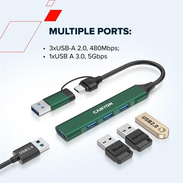 Canyon DS-02, USB-C Hub, 4 porty, 3xUSB 2.0 480Mbps, 1xUSB 3.0, 5Gbps, USB-C/USB-A adaptér, zelená 